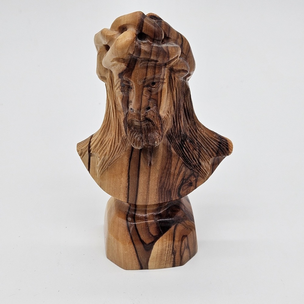 VINTAGE HOLY LAND OLIVE WOOD HAND CARVED BUST OF JESUS